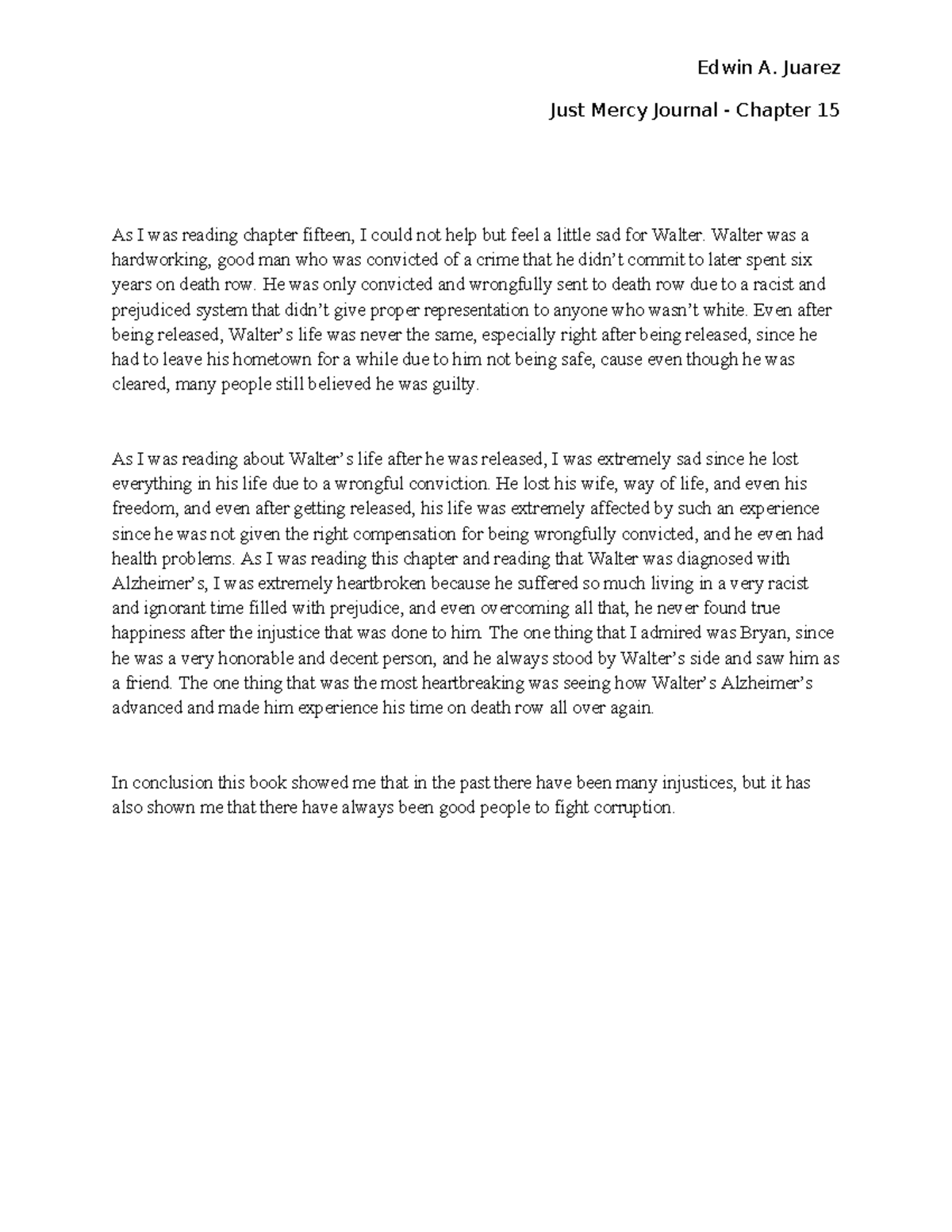 Just Mercy Journal Reflection: Chapter 15 Insights on Walter's