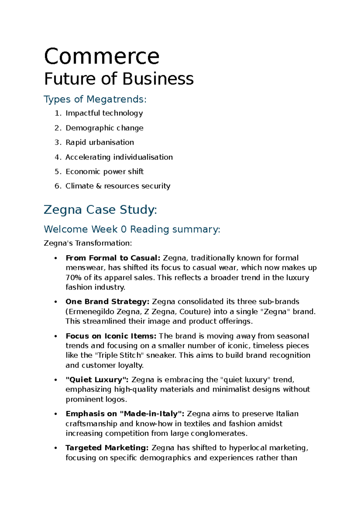 BUS 1000 - Summary of Megatrends and Zegna Case Study Insights - Studocu