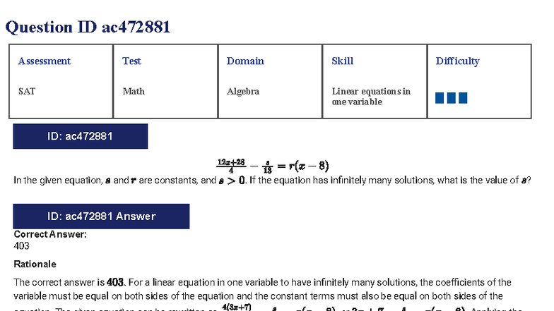SAT Math Assessment Test: Algebra & Linear Equations - Studocu
