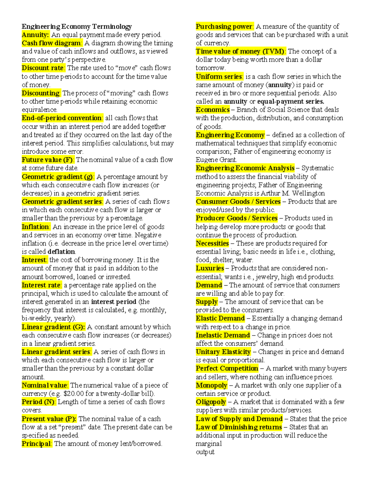 Engineering Economy Terms: Key Concepts and Definitions - Studocu