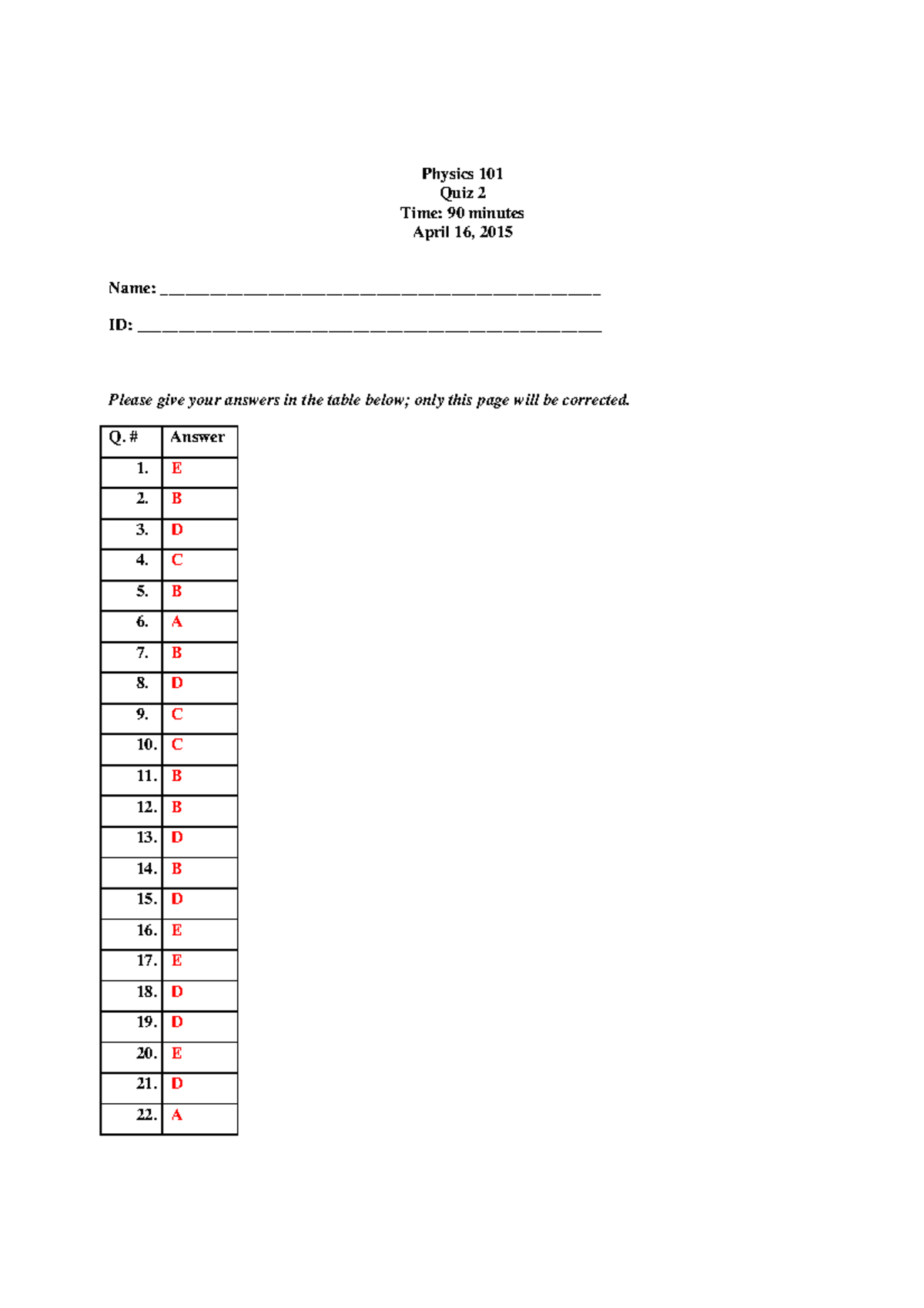 Physics 101 Quiz 2 Answers - Spring 2015 - Studocu