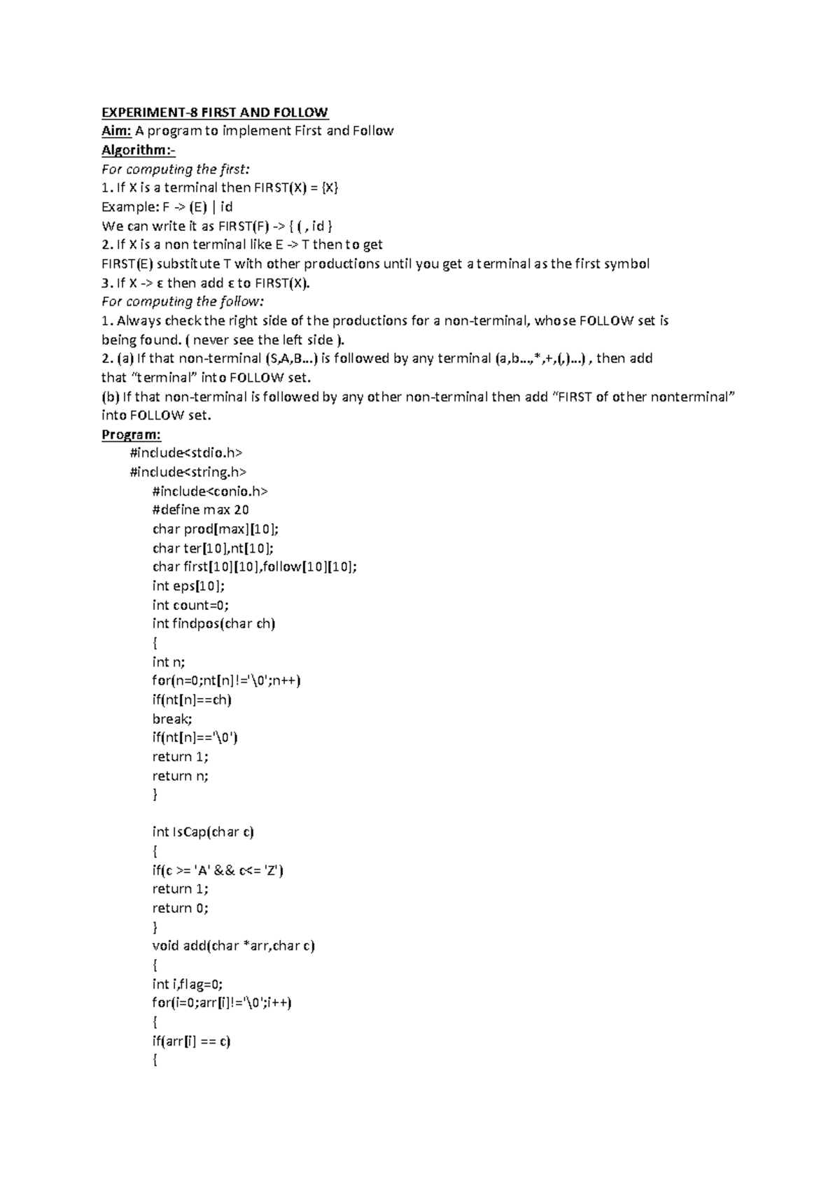 Experiment 8: Implementing First and Follow Sets in C - Studocu
