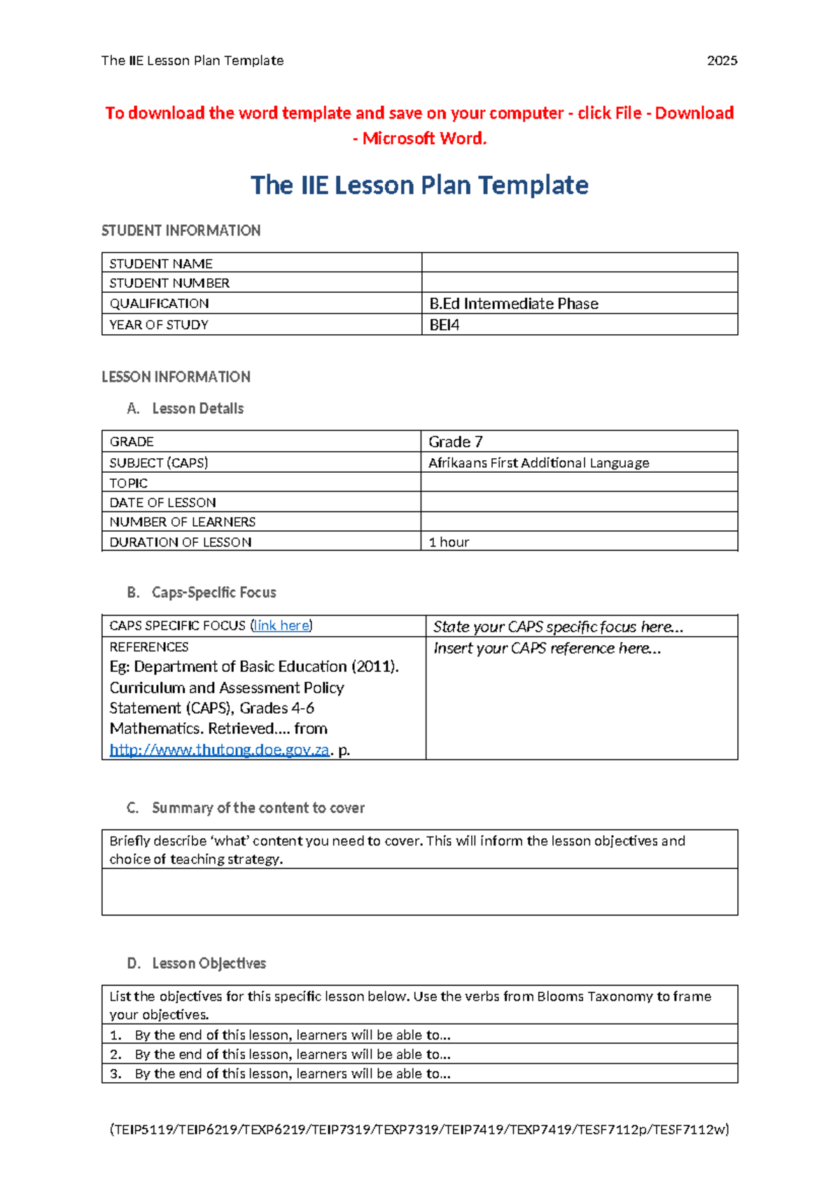 IIE B.Ed Lesson Plan Template 2025 for Intermediate Phase - Studocu