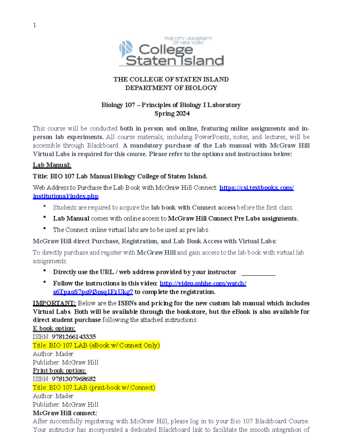 Biology 107 Spring 2024 Course Outline and Lab Manual Information - Studocu
