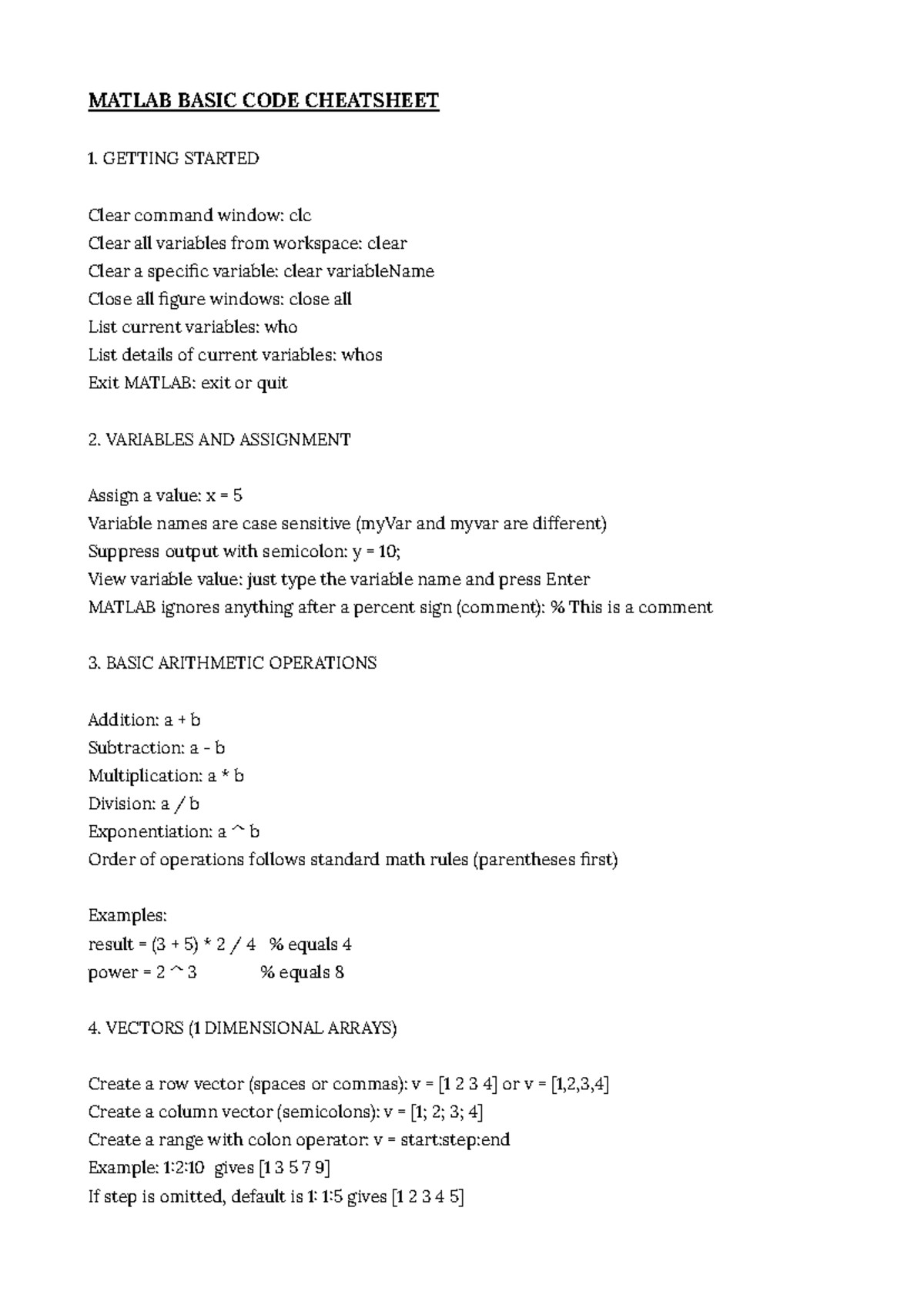 MATLAB Basics Cheat Sheet: Quick Reference Guide - Studocu