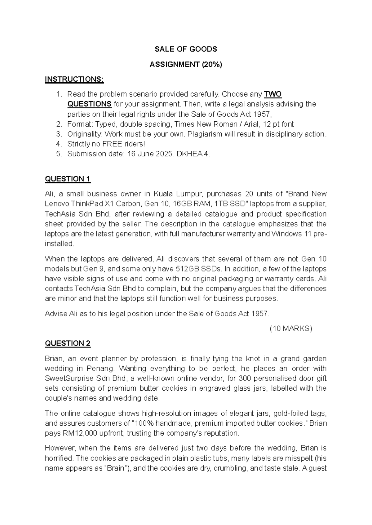 SOGA Assignment: Legal Analysis on Sale of Goods Act 1957 - Studocu