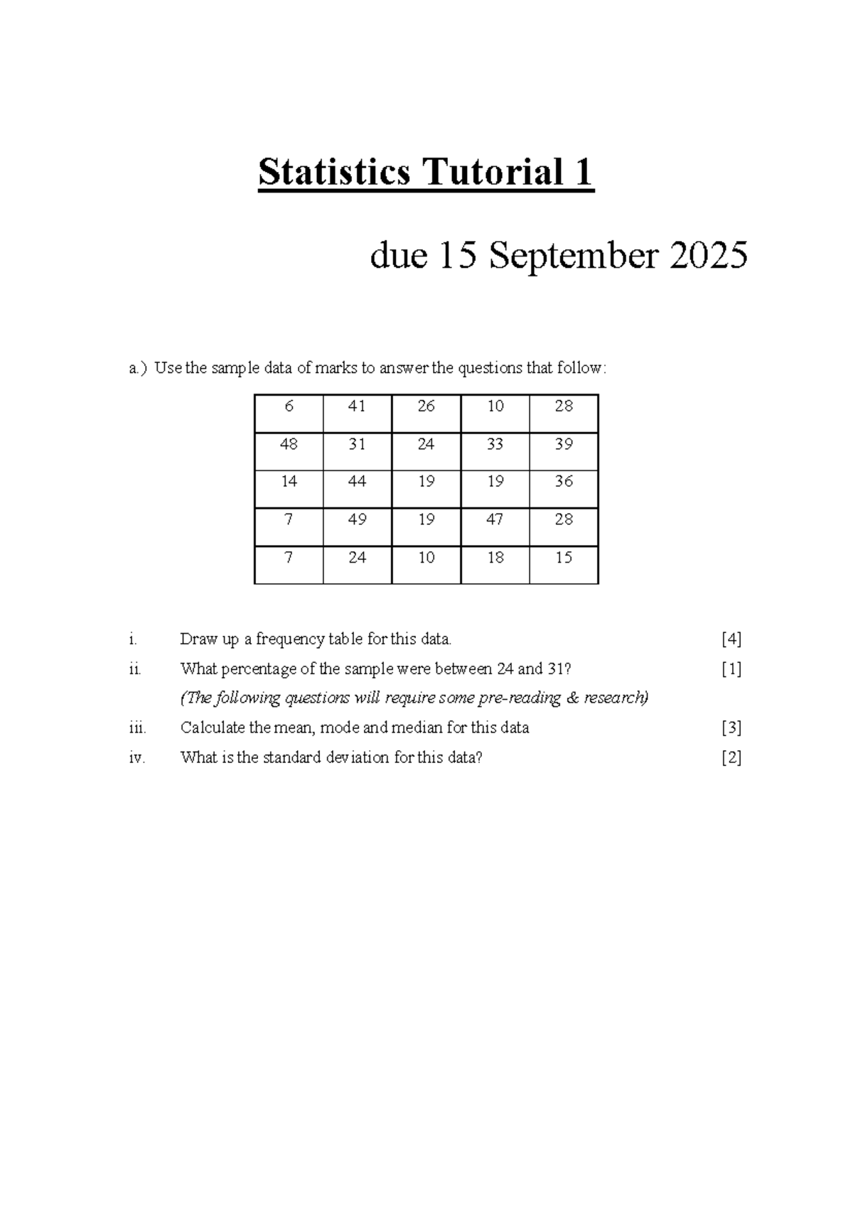 Stats Tut 1 - Practice questions - Statistics Tutorial 1 due 15 ...