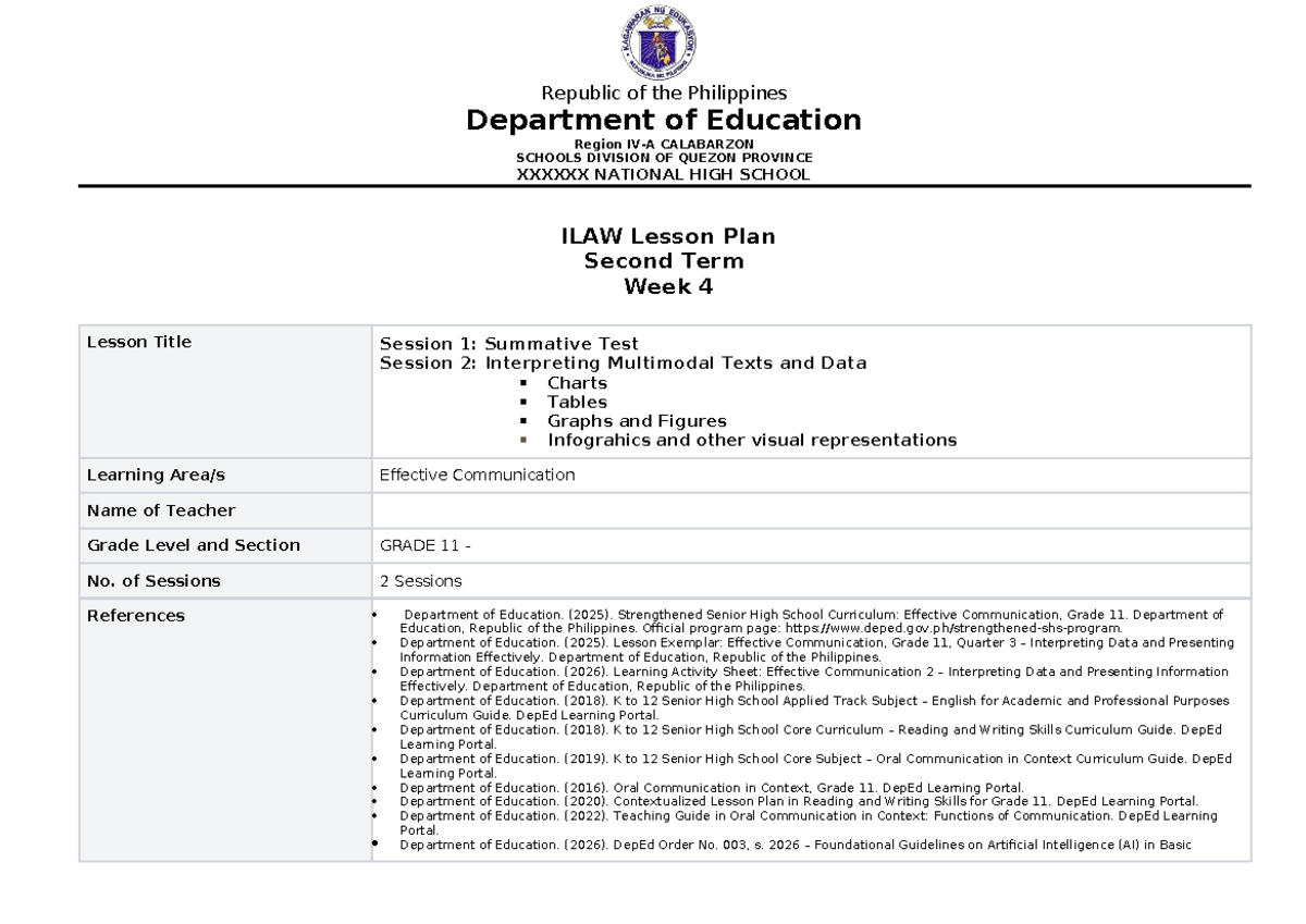 Grade 11 Effective Communication Lesson Plan: Week 4 Summative Test ...