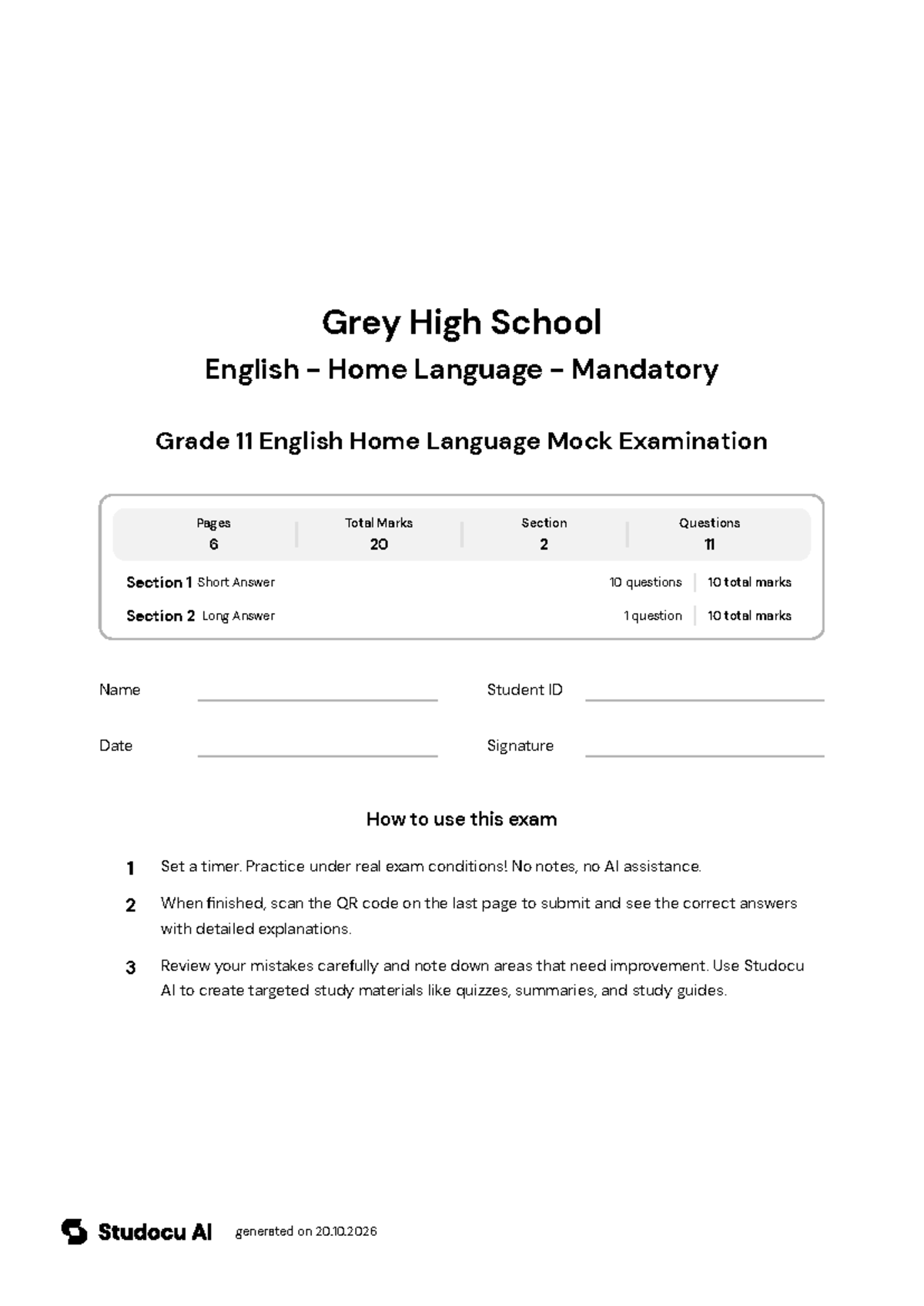 Grade 11 English Home Language Mock Exam - Studocu
