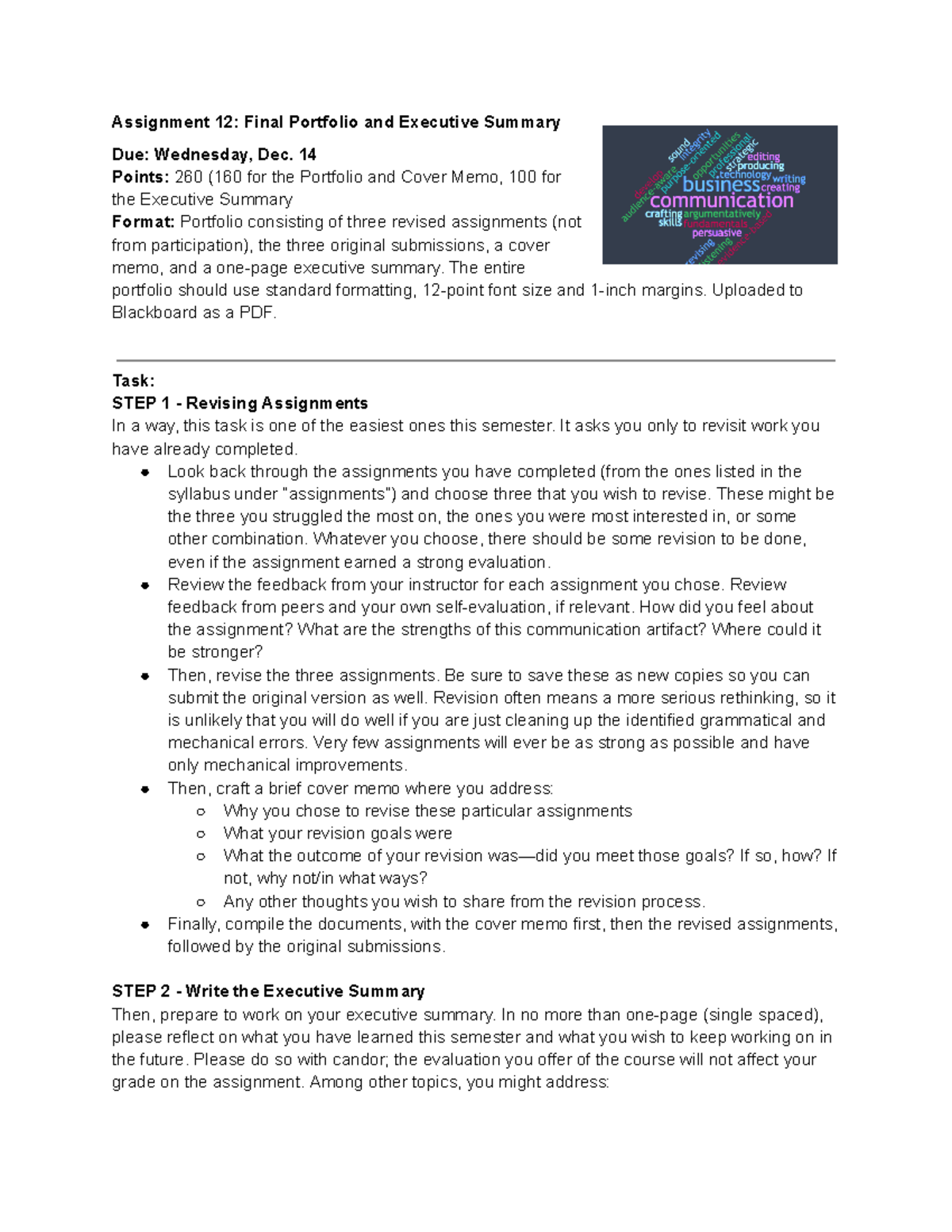 COM 2020 Assignment 12: Final Portfolio & Executive Summary Guide - Studocu