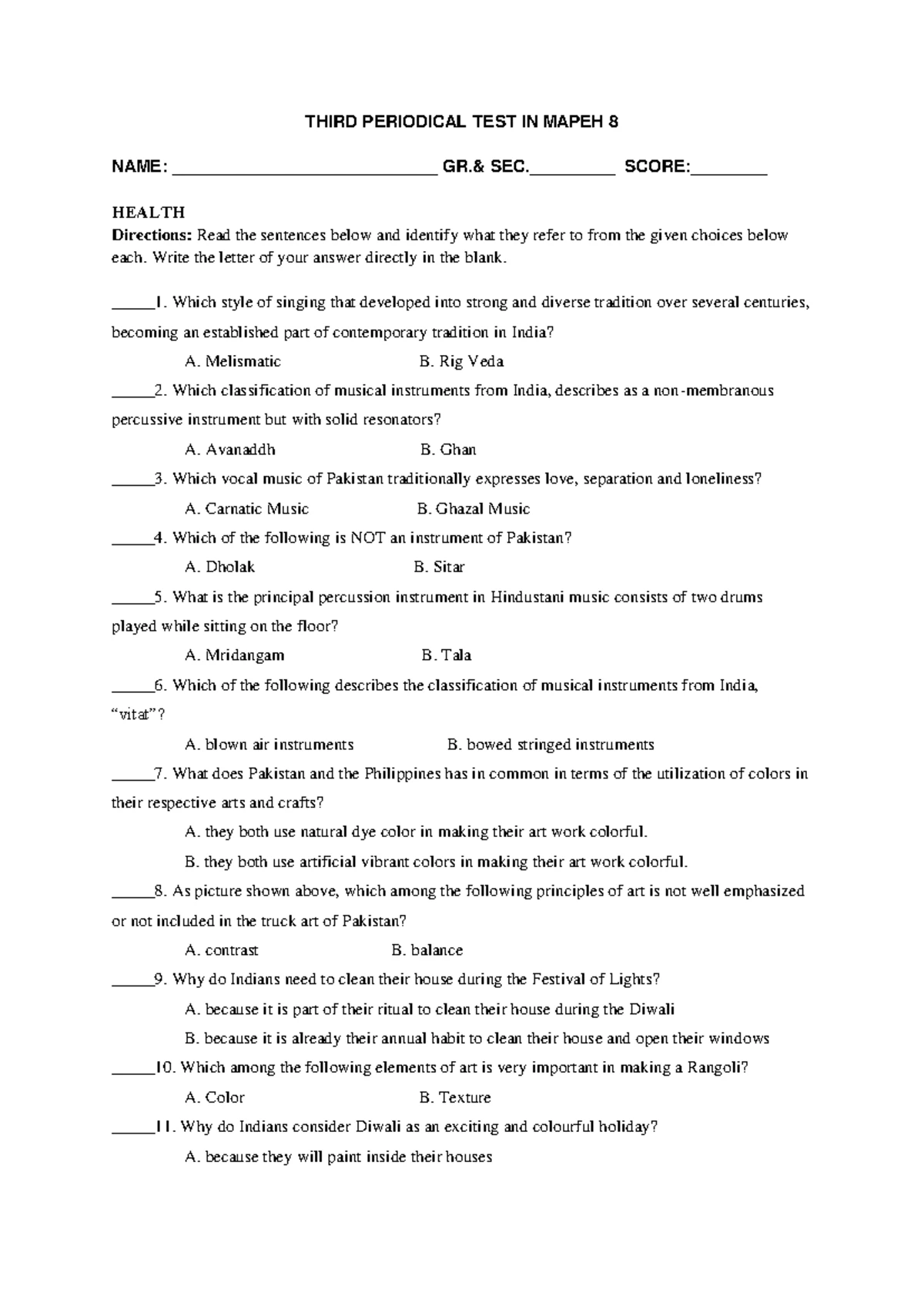 ESP 8 Q3 Periodical Test Questions for Grade 8 Students - Studocu