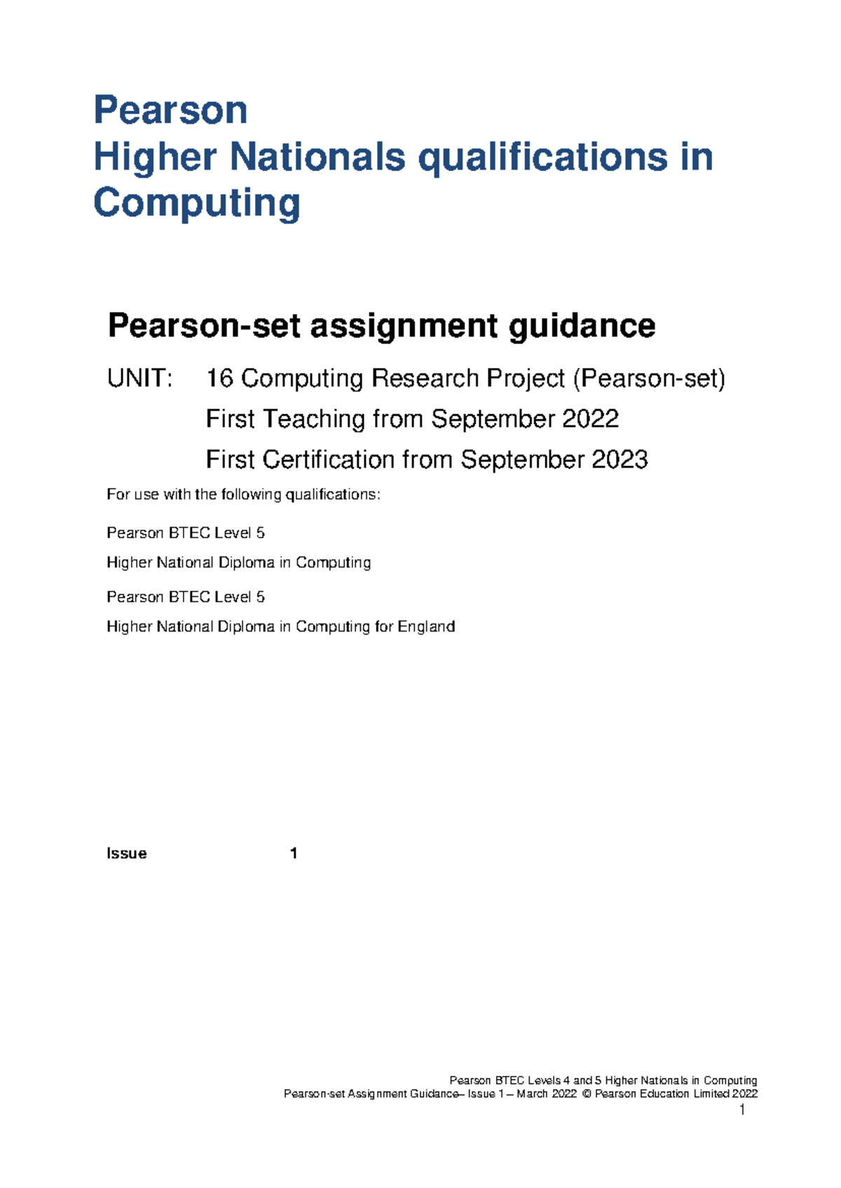 BTEC HN L5 Computing Unit 16: Research Project Assignment Guidance ...
