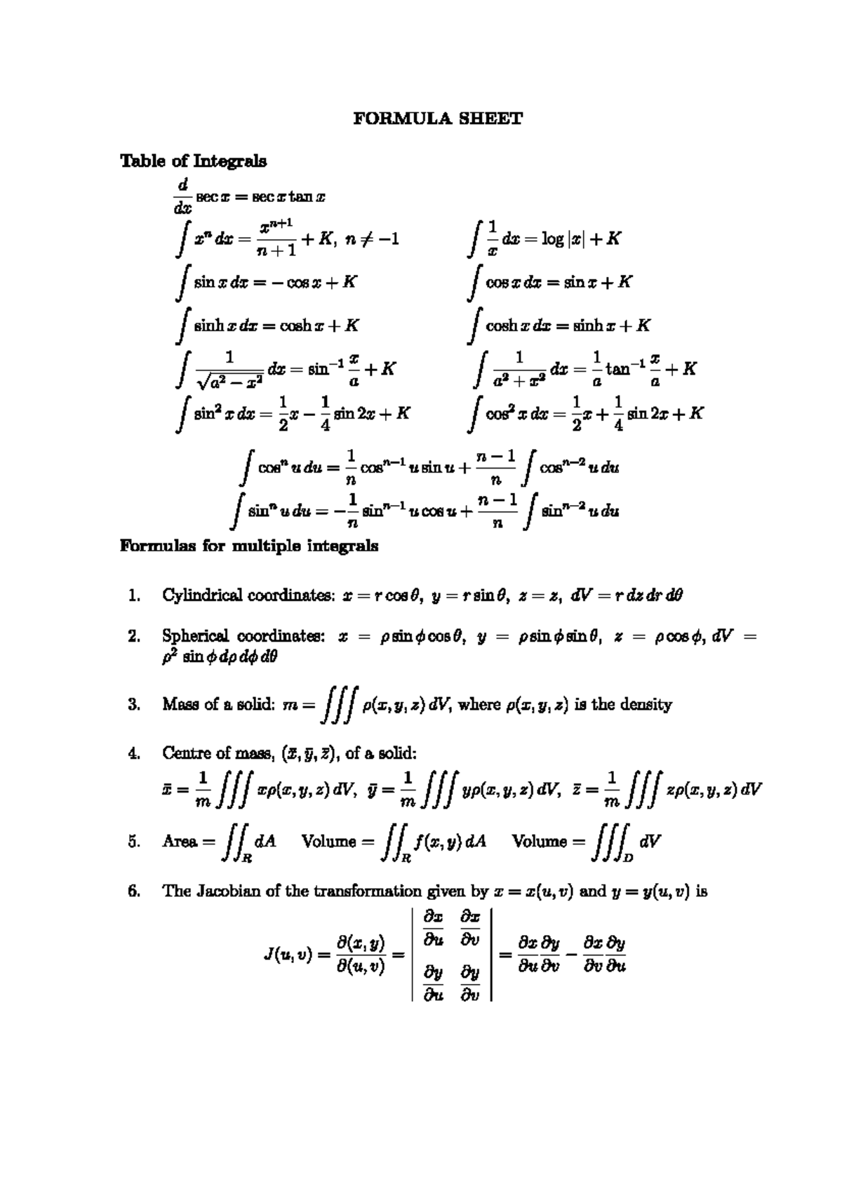 M2 Formula Sheet: Integrals and Statistical Distributions - Studocu