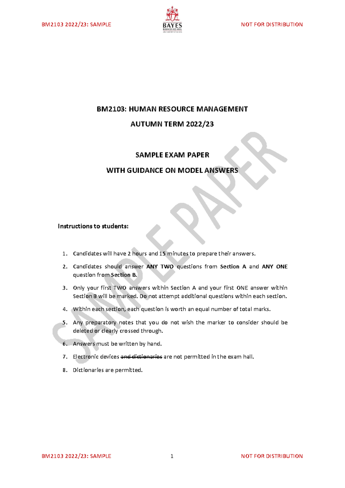BM2103 2022-23 Sample exam paper with answer guidance - BM2103: HUMAN ...