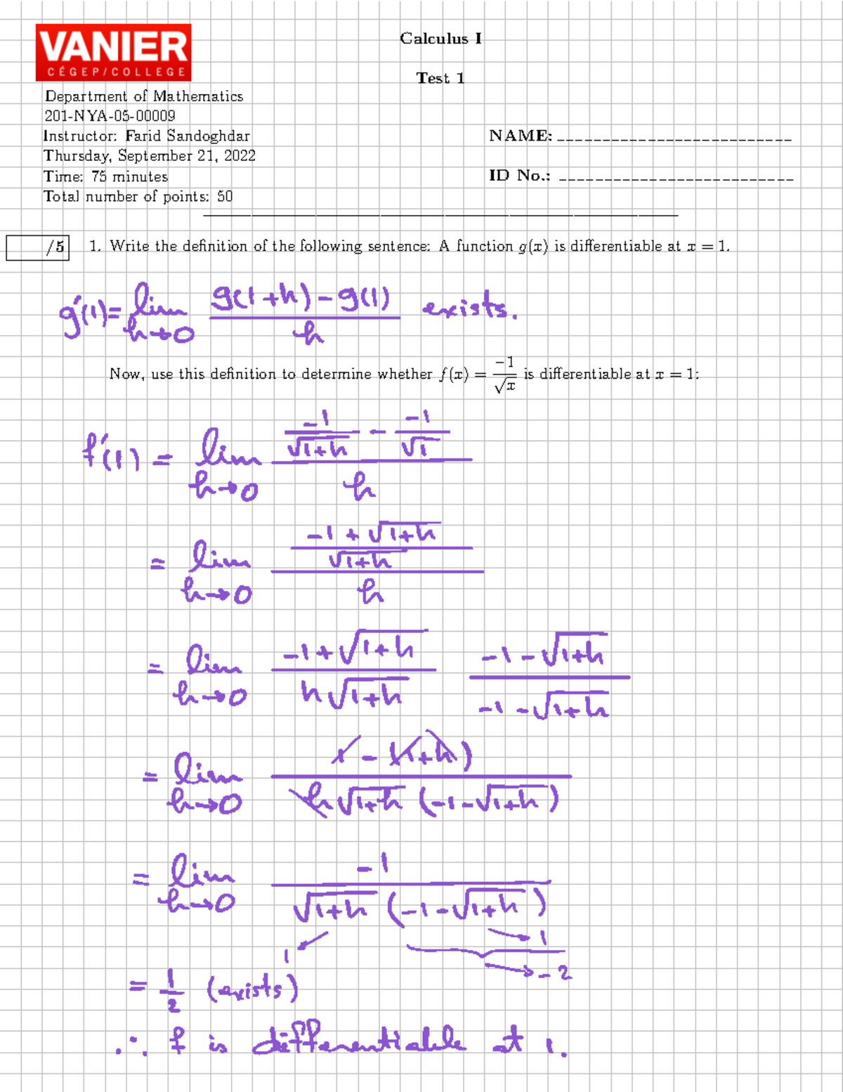 Calculus I Test 1 Solutions - Cal1F23T1-9 with Farid Sandoghdar - Studocu