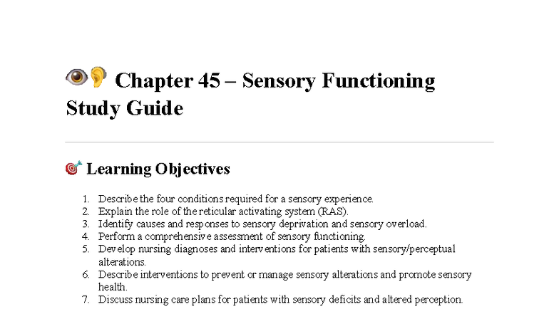 Chapter 45 Study Guide: Sensory Functioning and Nursing Interventions ...