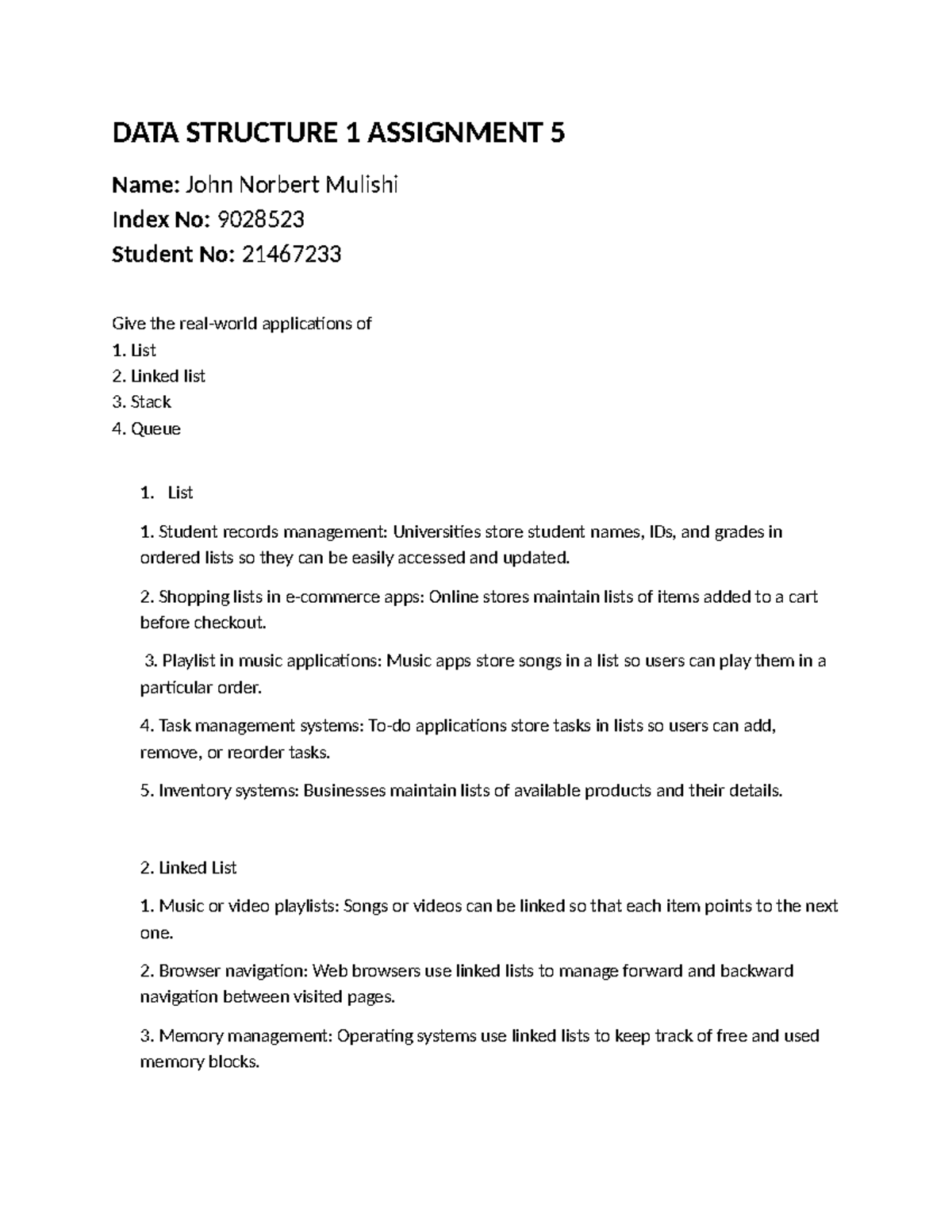 DATA STRUCTURE 1 ASSIGNMENT 5: Applications of Lists & Linked Lists ...