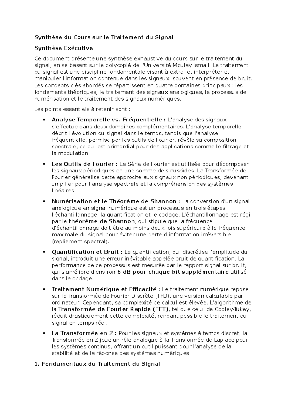 Synthèse du Cours de Traitement du Signal - Cours TS101 - Studocu