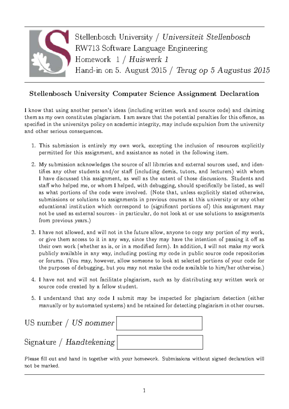RW713 Software Language Engineering Homework 1 Submission Declaration ...