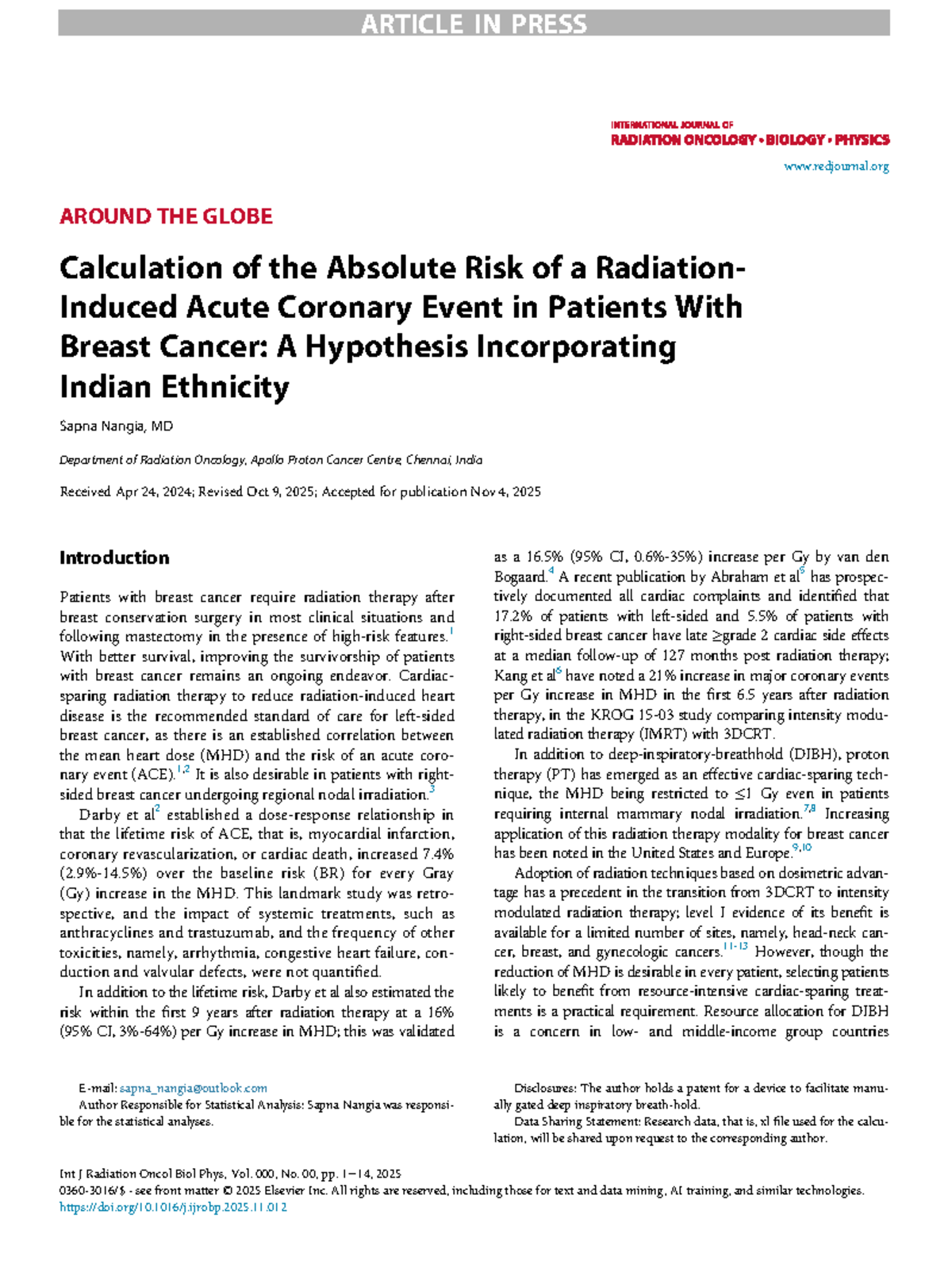 Calculation of Absolute Risk of Radiation-Induced Cardiac Events in ...