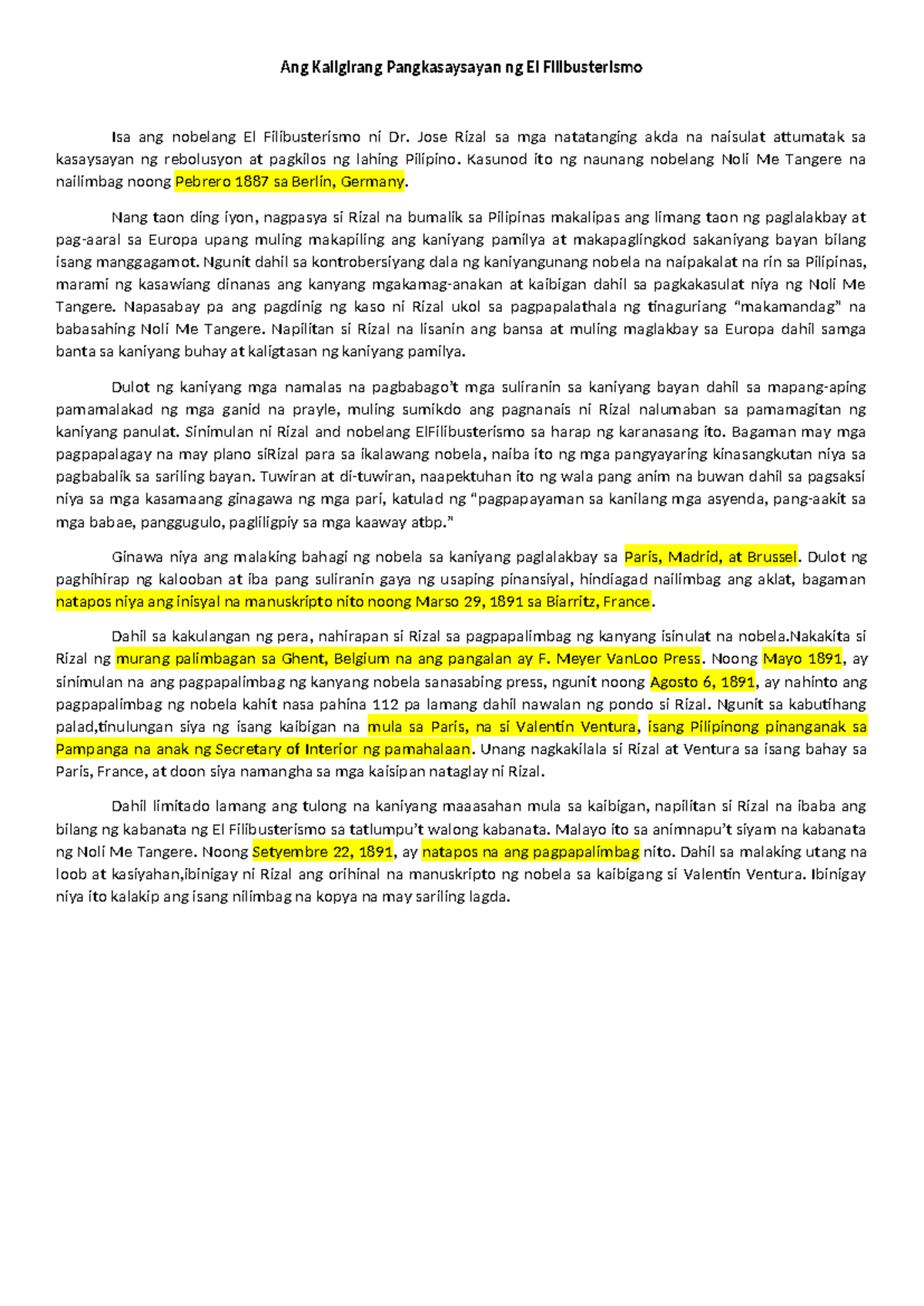 Kaligirang Pangkasaysayan ng El Filibusterismo: Isang Pagsusuri - Studocu