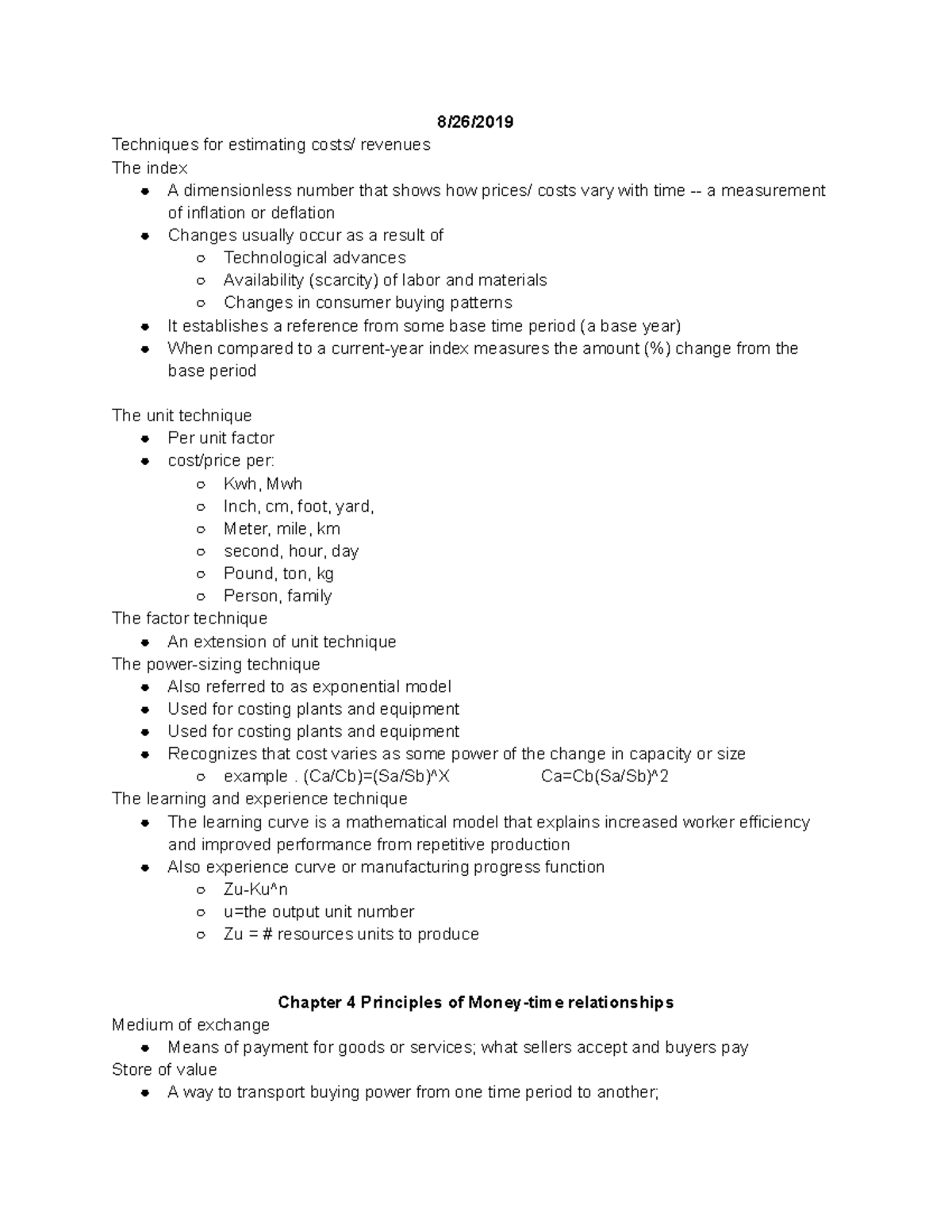 Classes 4-6 - Lecture Notes on Cost Estimation Techniques - Studocu