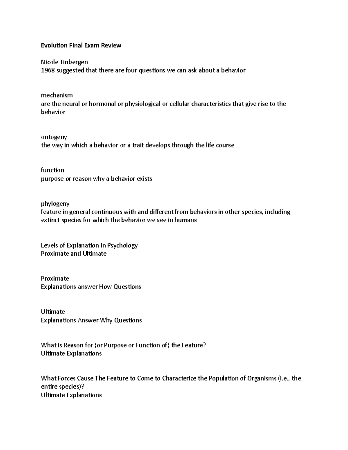 Evolution PSY 101 Final Exam Review: Key Concepts and Theories - Studocu