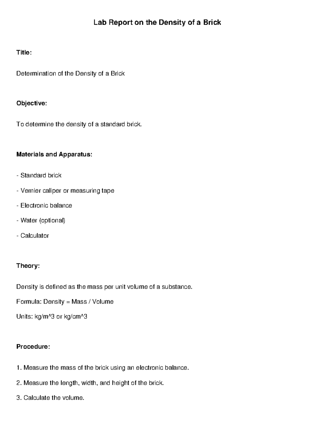 Lab Report: Determining Brick Density (Lab Code: BRK101) - Studocu