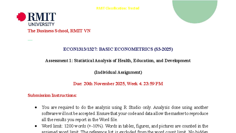 BASIC ECONOMETRICS Assessment 1: Statistical Analysis S3 2025 - Studocu