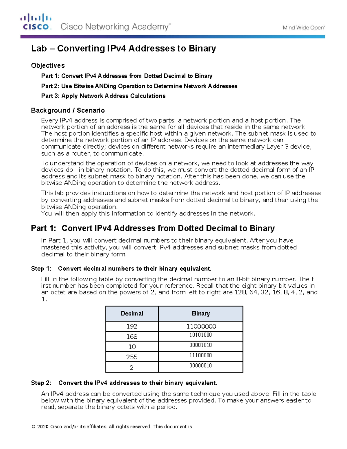 Lab 1.1 Converting IPv4 Addresses to Binary week 1 - © 2020 Cisco and ...