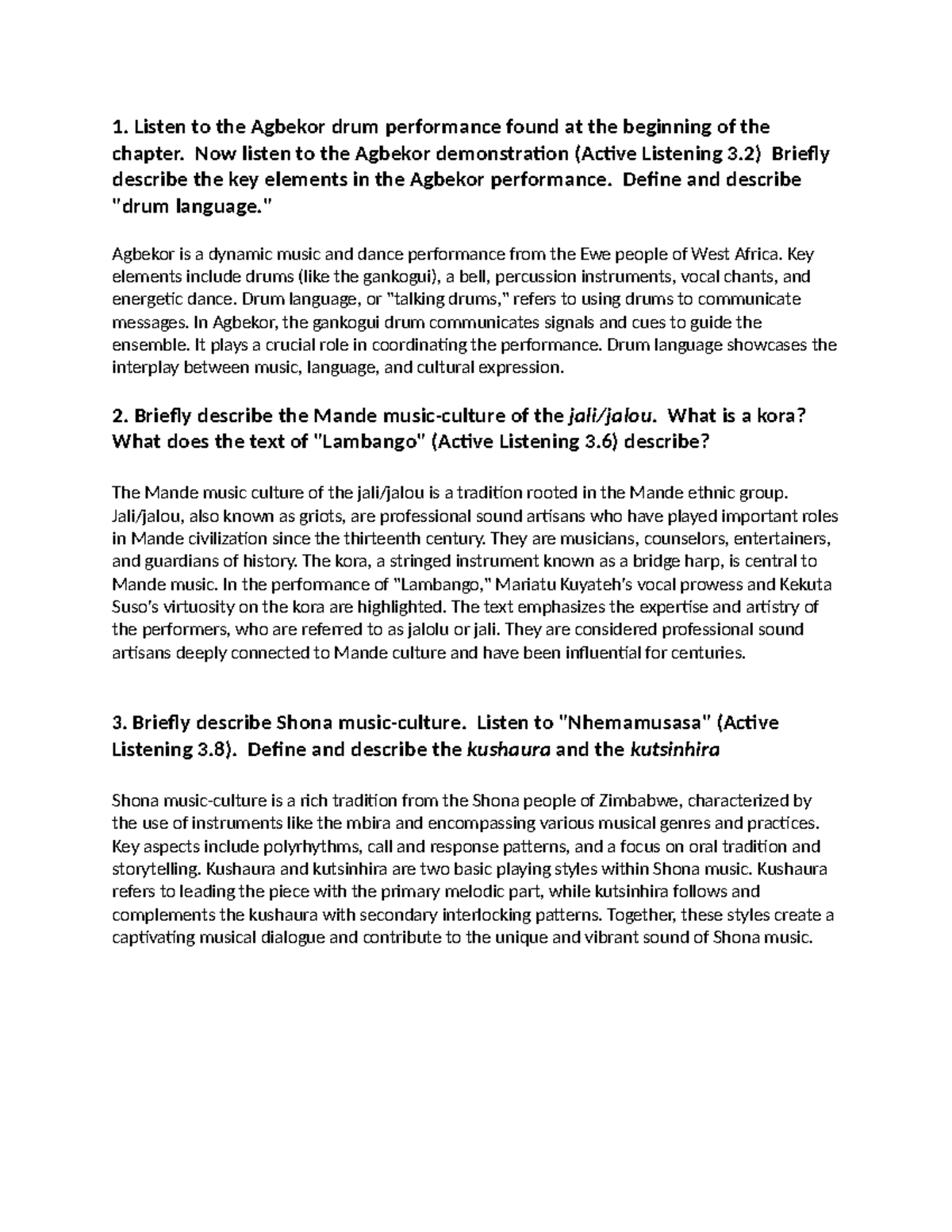 Assignment 3: Exploring Agbekor, Jali Musicians, and Shona Music ...