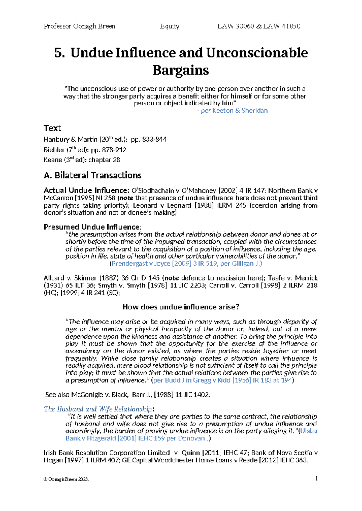 Equity LAW 30060 & LAW 41850: Undue Influence & Unconscionable Bargains ...