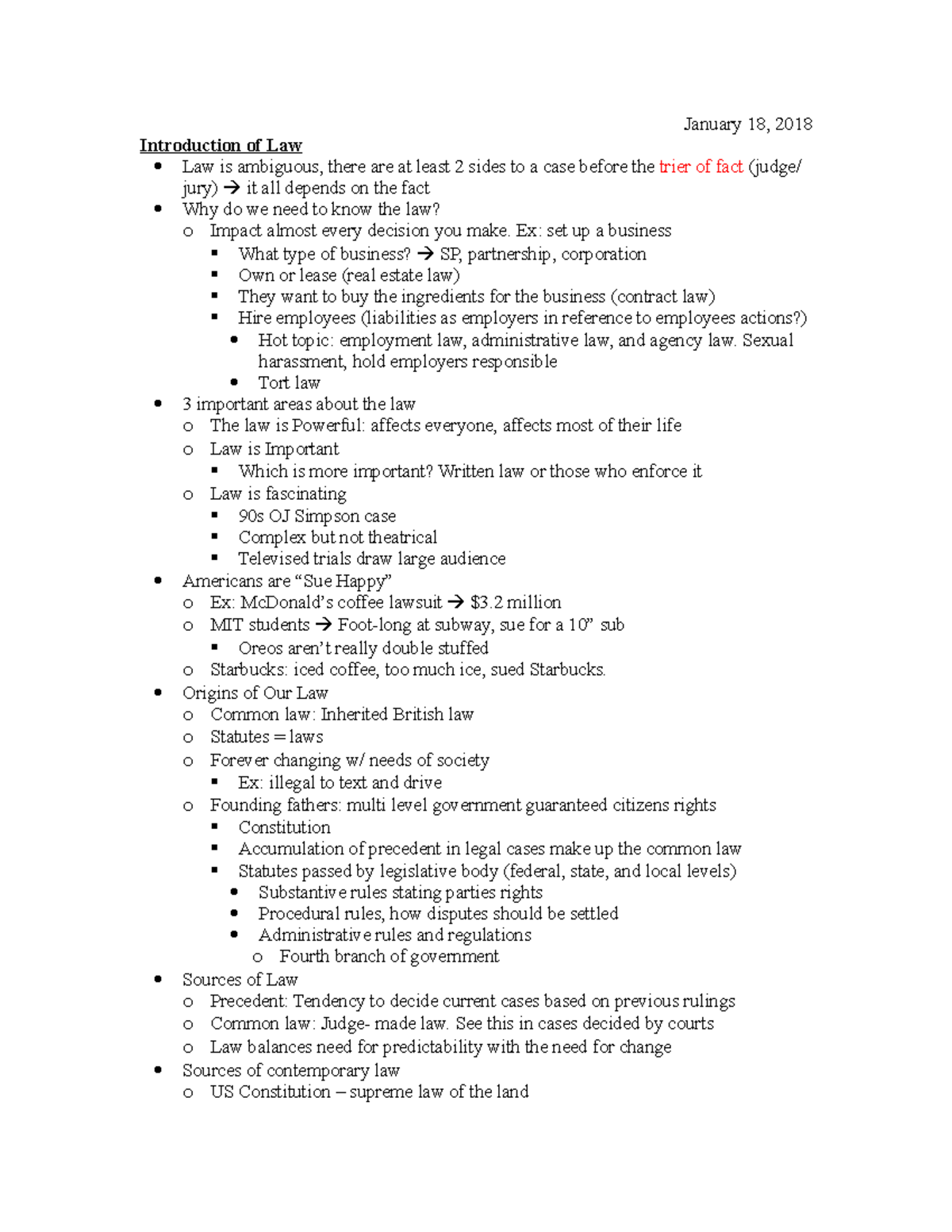 BLAW Notes Exam 1 - January 18, 2018 Introduction of Law Law is ...