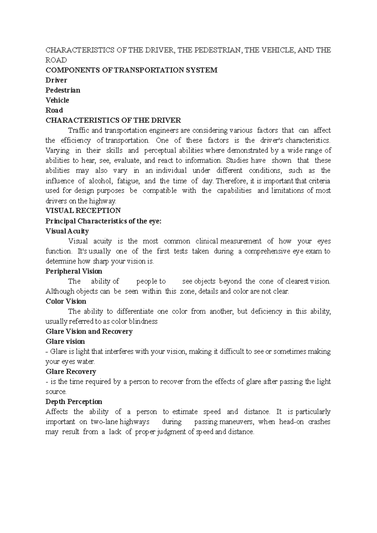 Characteristics of Drivers and Vehicles in Transportation Systems - Studocu