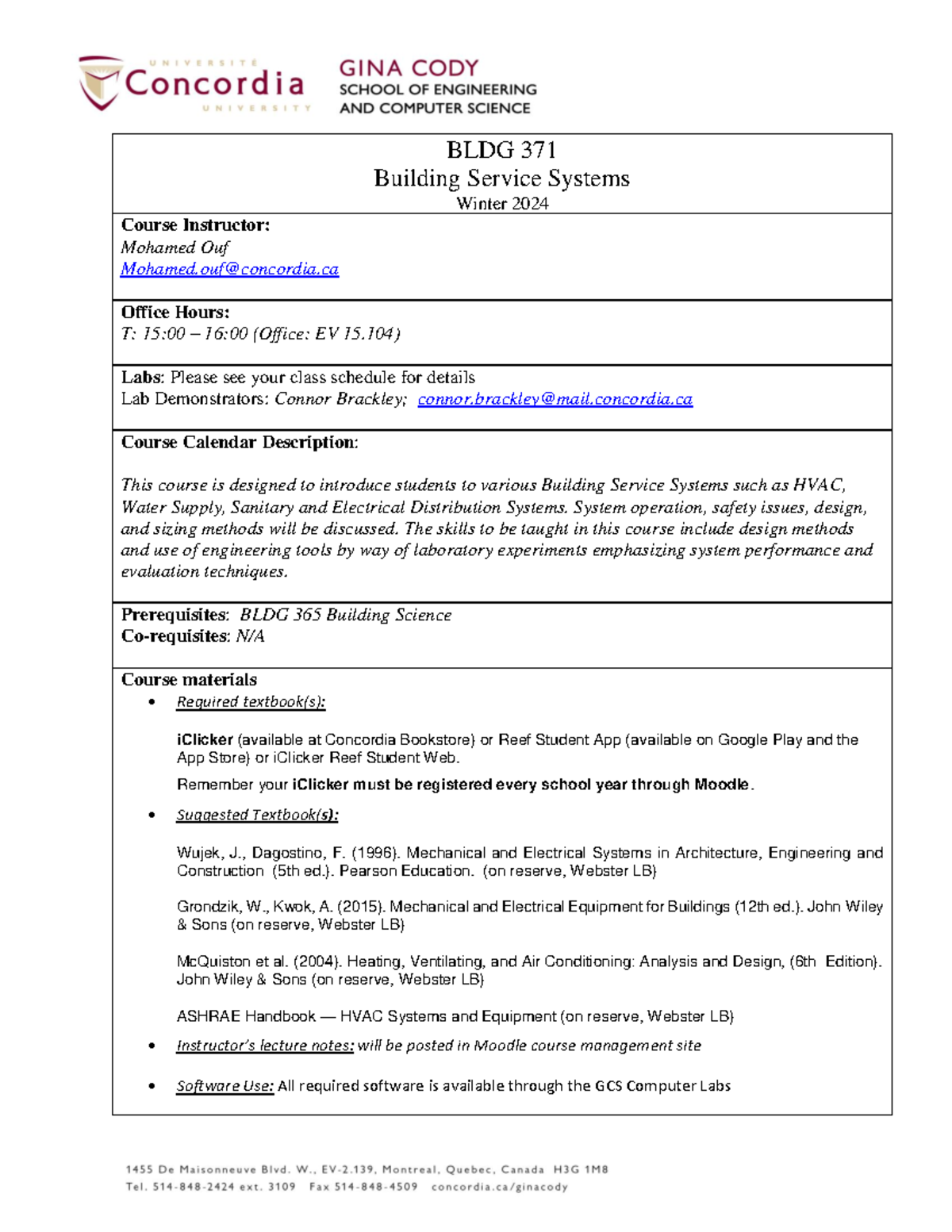 Building Service Systems Course Outline BLDG 371 Winter 2024 - Studocu