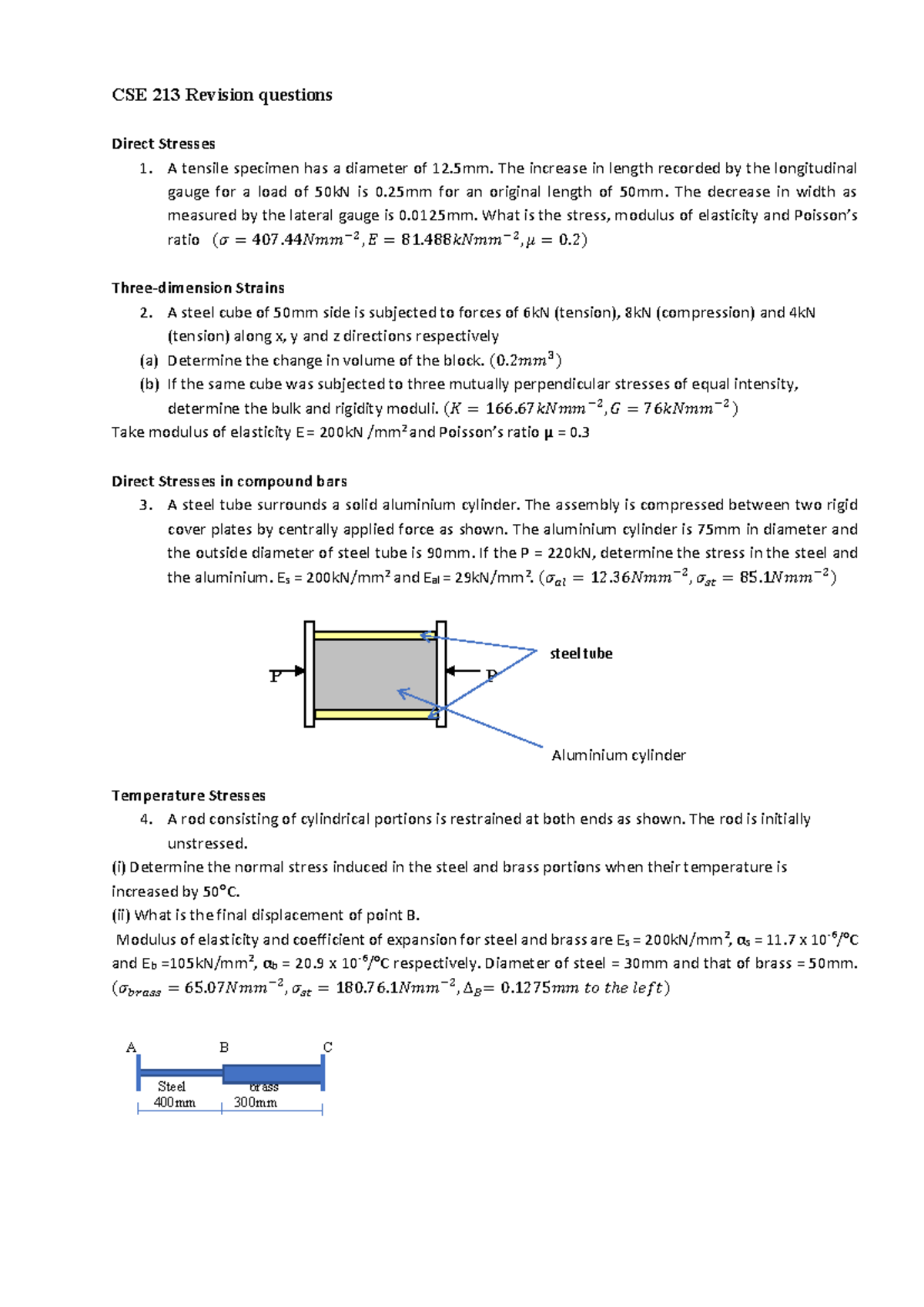 CSE 213 Revision Questions on Direct and Combined Stresses - Studocu
