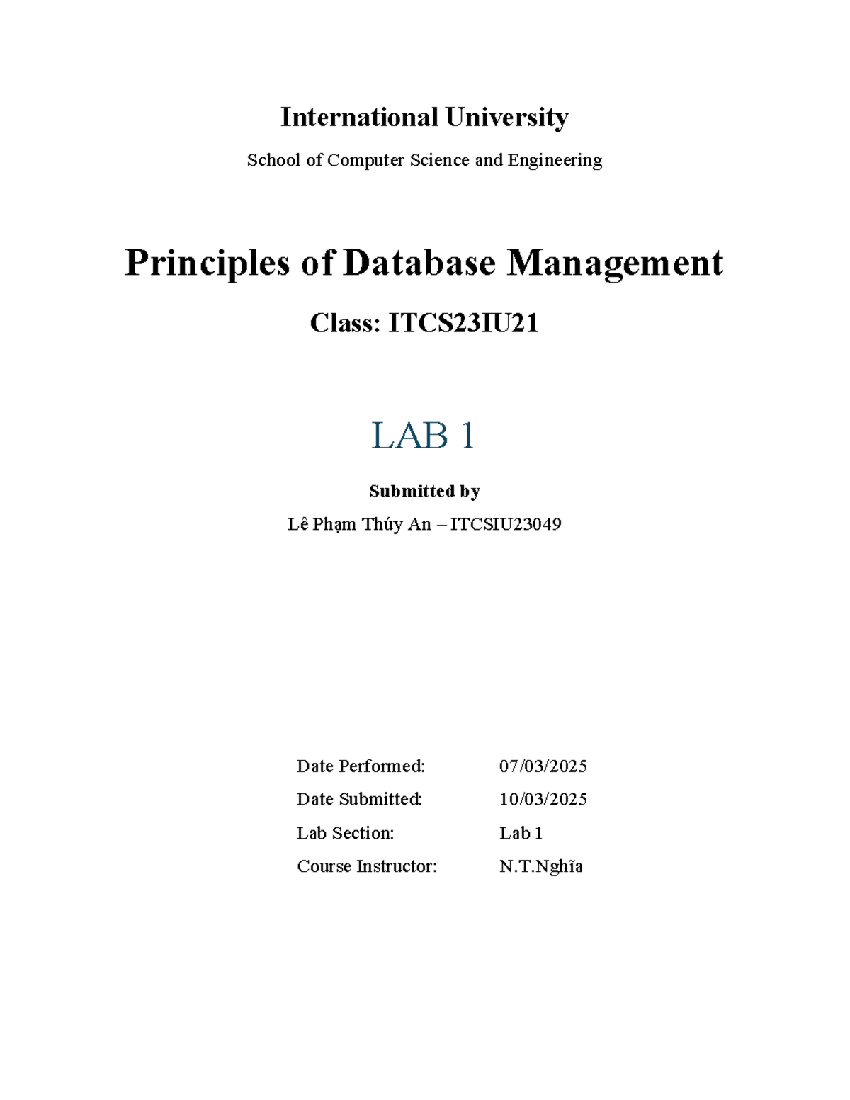 LAB 1 Report - PDM (ITCS23IU) - Principles of Database Management - Studocu