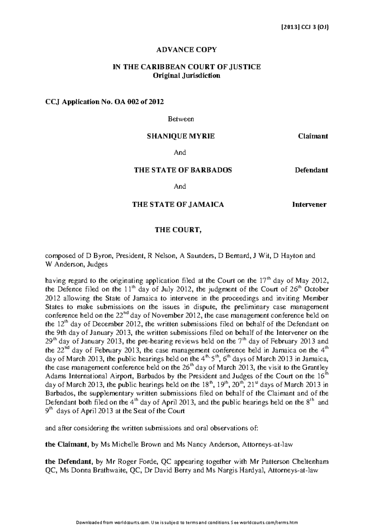 2013 - CCJ application No. OA 003 of 2013 - [2013] CCJ 3 (OJ) ADVANCE ...