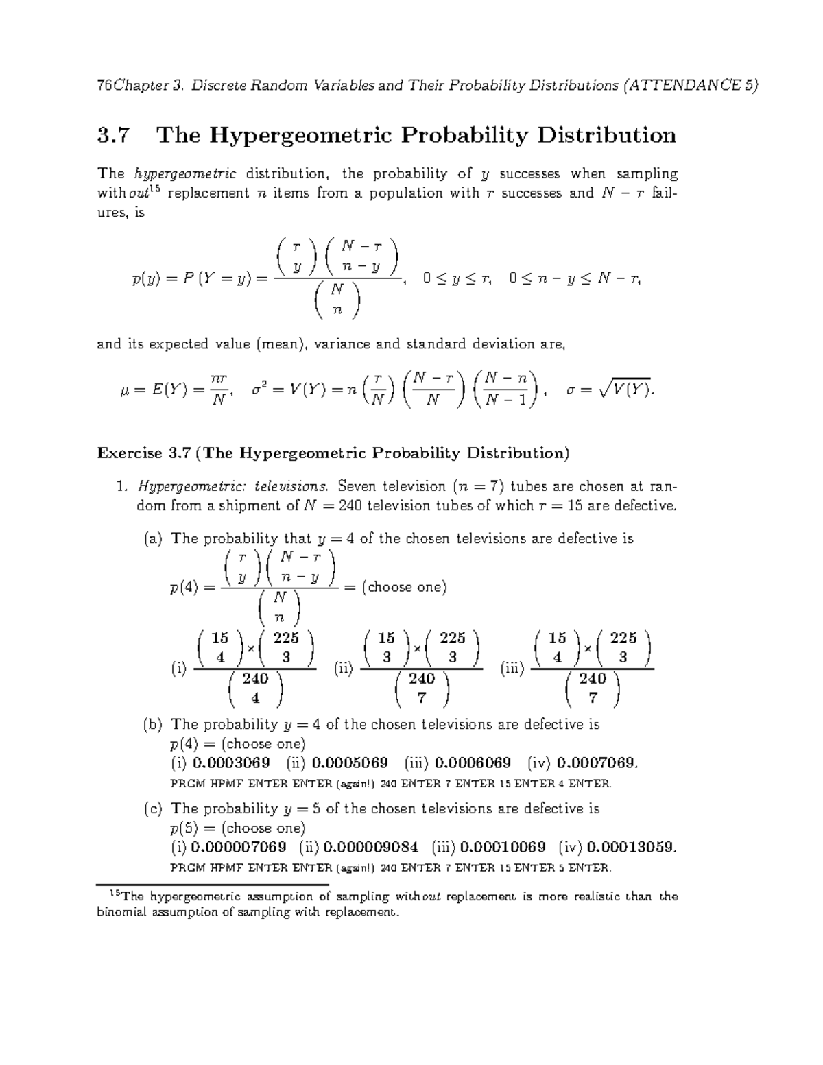 Hypergeometric Probability distribution - 76 Chapter 3. Discrete Random ...