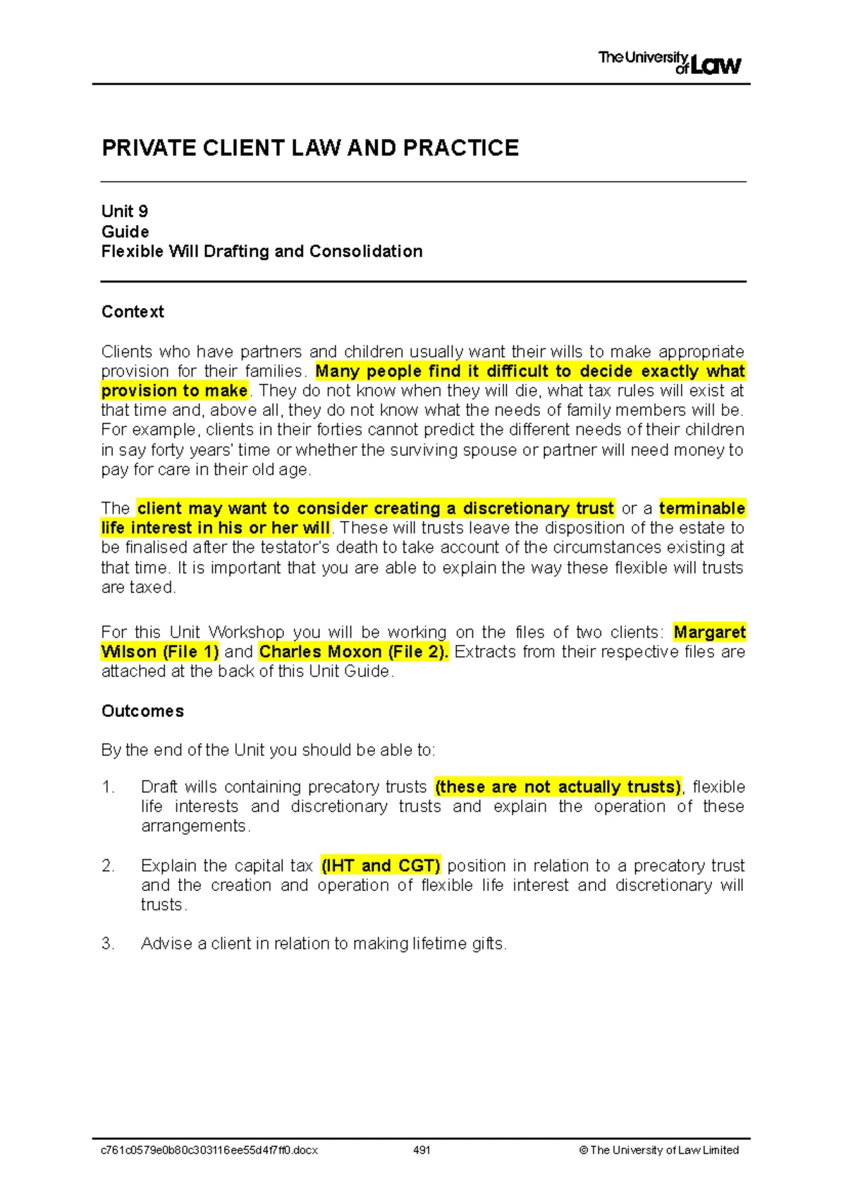 Ws6 - private client - PRIVATE CLIENT LAW AND PRACTICE UNIT 6 Guide ...