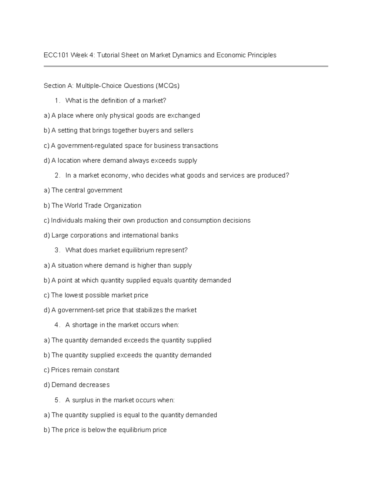 ECC101 Chapter 4: Market Dynamics & Economic Principles MCQs - Studocu