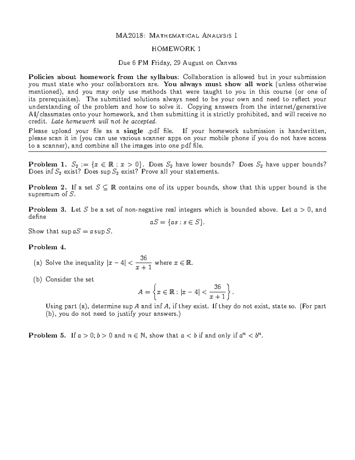 MA2018: Mathematical Analysis I Homework 1 Guidelines and Problems ...