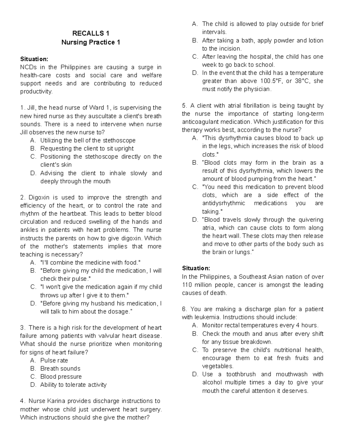 R1 NP3 - REVIEW NOTES - RECALLS 1 Nursing Practice 1 Situation: NCDs in ...