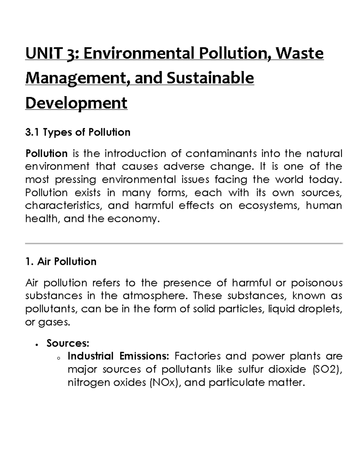 EVS UNIT 3: Pollution, Waste Management & Sustainable Development Notes ...