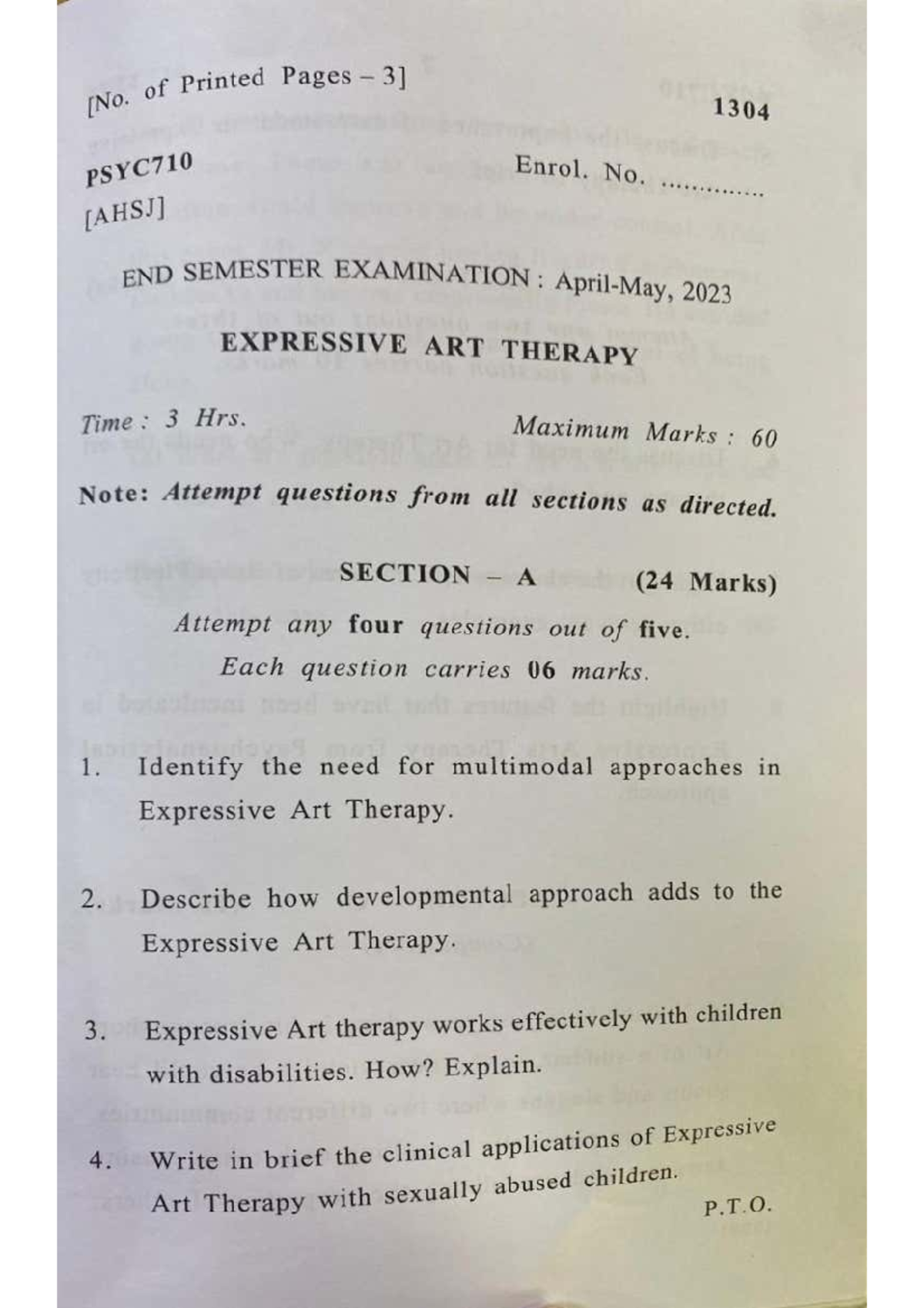 Previous Year Question Papers: Expressive Art Therapy (PSYC710) - Studocu