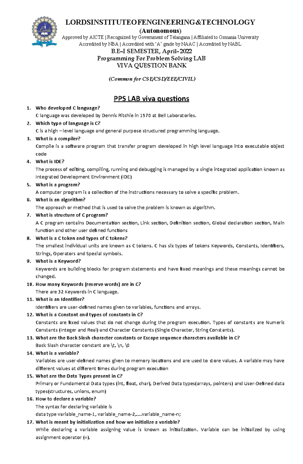 PPS 1st Sem Lab VIVA Questions - Lords Institute of Engineering - Studocu