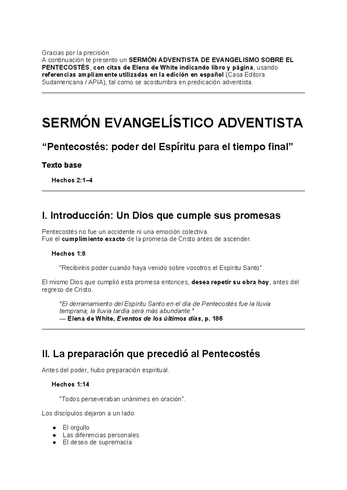 Sermón Adventista sobre el Pentecostés - Repaso - Document Preview
