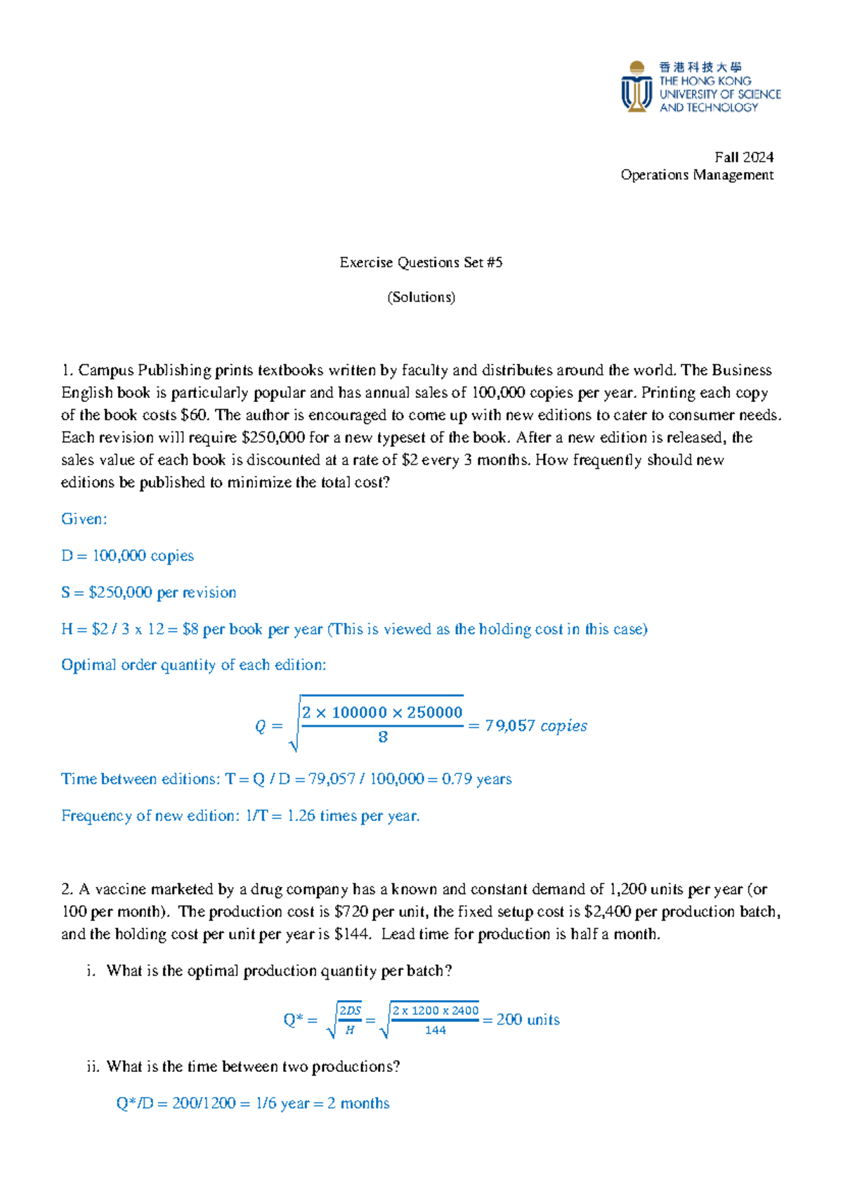 Exercise 5 ISOM2700 (Solution) - Fall 202 4 Operations Management ...