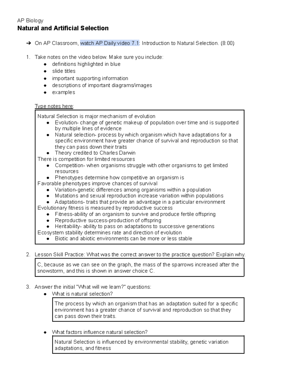 AP Biology Lesson Notes: Natural & Artificial Selection (7.1 - 7.3 ...