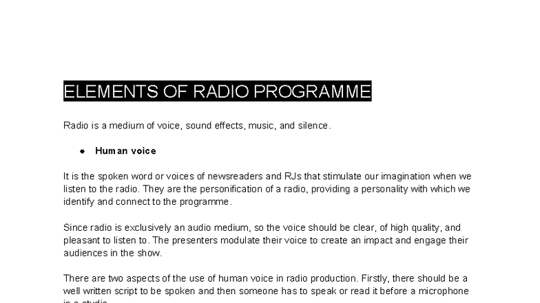 UNIT 3: Elements of Radio Programme Production - Studocu